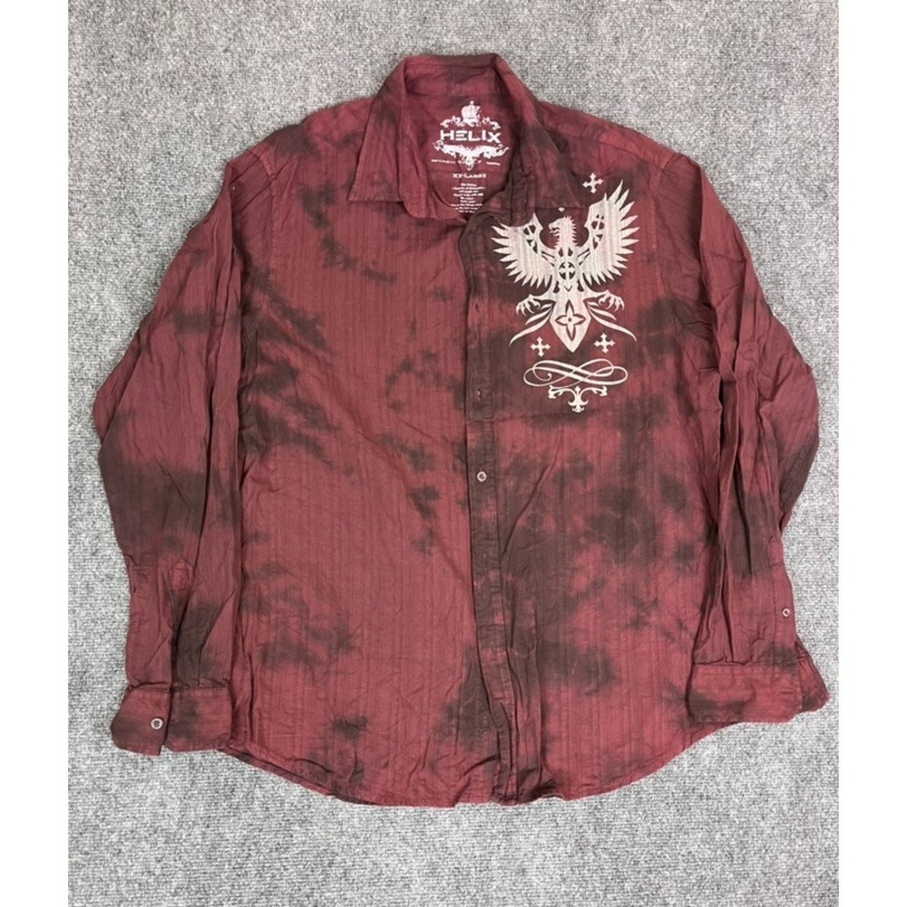 HELIX Mens Button Up Shirt Long Sleeve Graphic Print Burgundy Cotton Size XXL